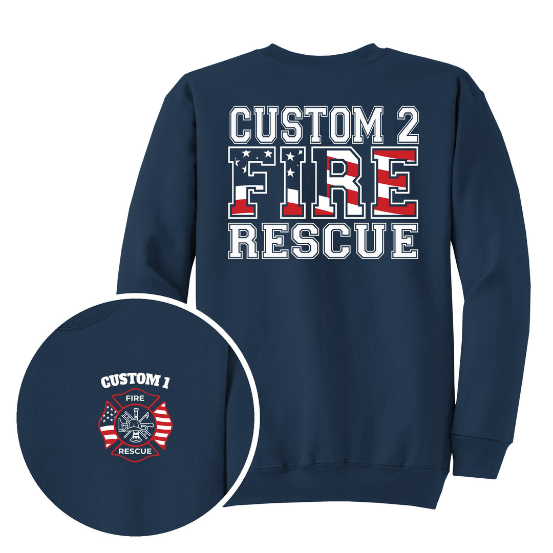 Navy crewneck — American Flag Maltese Cross — back print with front chest close-up