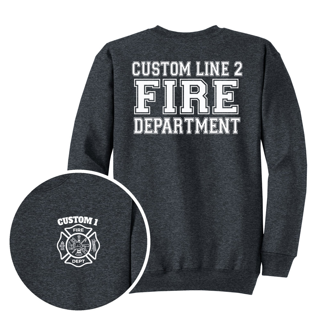 Dark Heather Grey crewneck — Classic Maltese Cross &amp; Fire Department Back — back print with front chest close-up