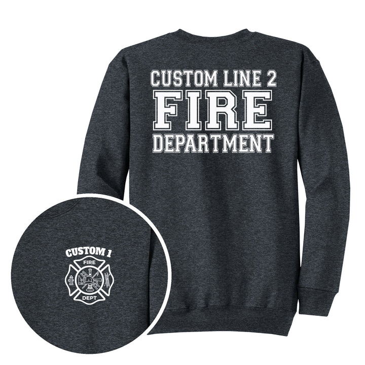 Dark Heather Grey crewneck — Classic Maltese Cross &amp; Fire Department Back — back print with front chest close-up