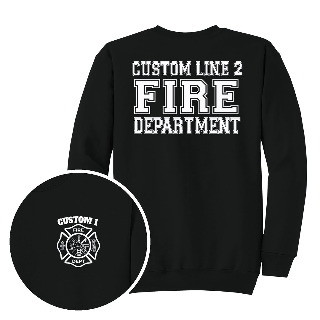 Jet Black crewneck — Classic Maltese Cross &amp; Fire Department Back — back print with front chest close-up