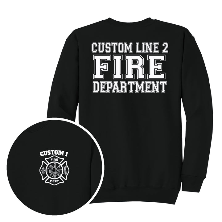 Jet Black crewneck — Classic Maltese Cross &amp; Fire Department Back — back print with front chest close-up