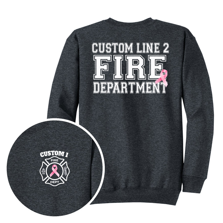 Dark Heather Grey crewneck — Pink Ribbon Maltese Cross — back print with front chest close-up