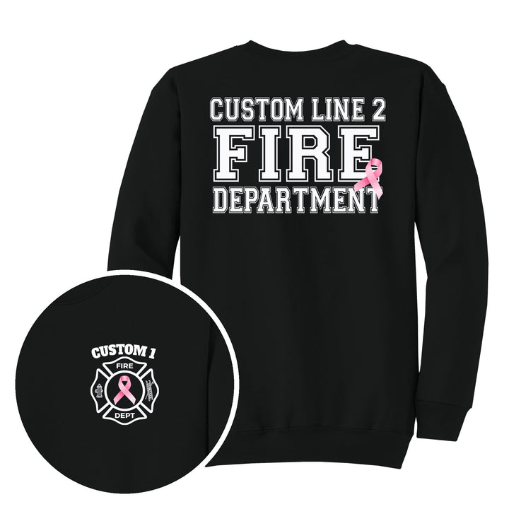 Jet Black crewneck — Pink Ribbon Maltese Cross — back print with front chest close-up