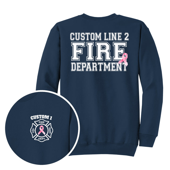 Navy crewneck — Pink Ribbon Maltese Cross — back print with front chest close-up