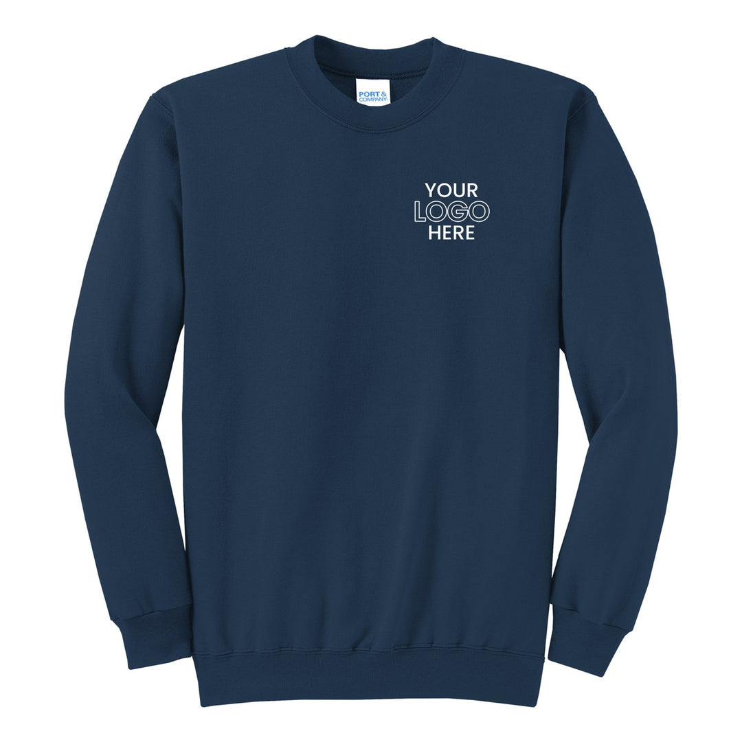 Navy Port &amp; Company PC78 crewneck with a sample logo on the left chest