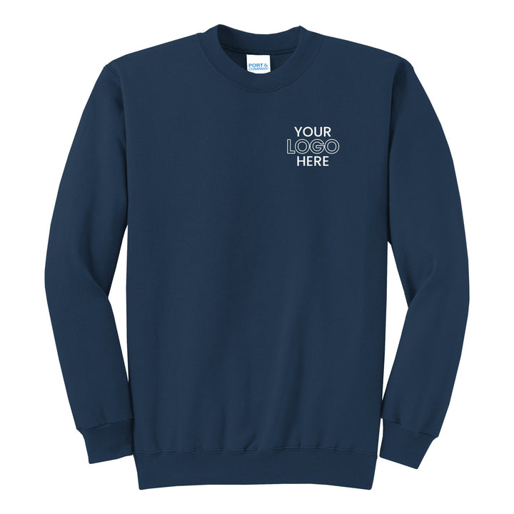 Navy Port &amp; Company PC78 crewneck with a sample logo on the left chest