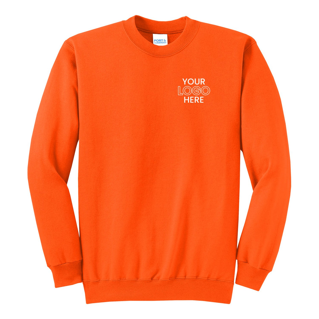 Safety Orange Port &amp; Company PC78 crewneck with a sample logo on the left chest