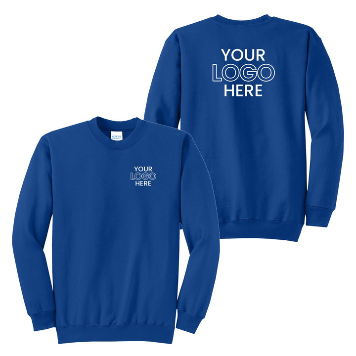 Port &amp; Company PC78 crewneck with a sample company logo on the left chest and full back, shown front and back