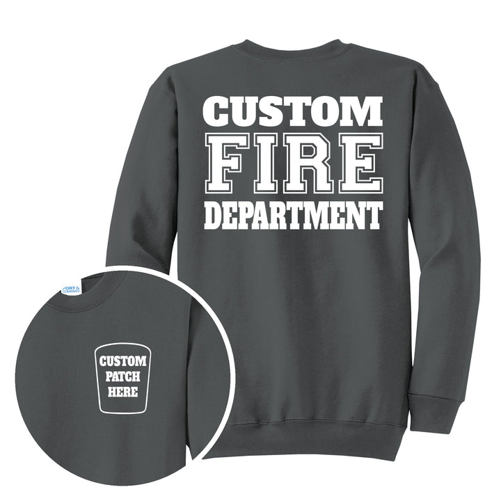 Fire department Port &amp; Company PC78 crewneck in Charcoal with a custom patch on the left chest and CUSTOM FIRE DEPARTMENT on the back