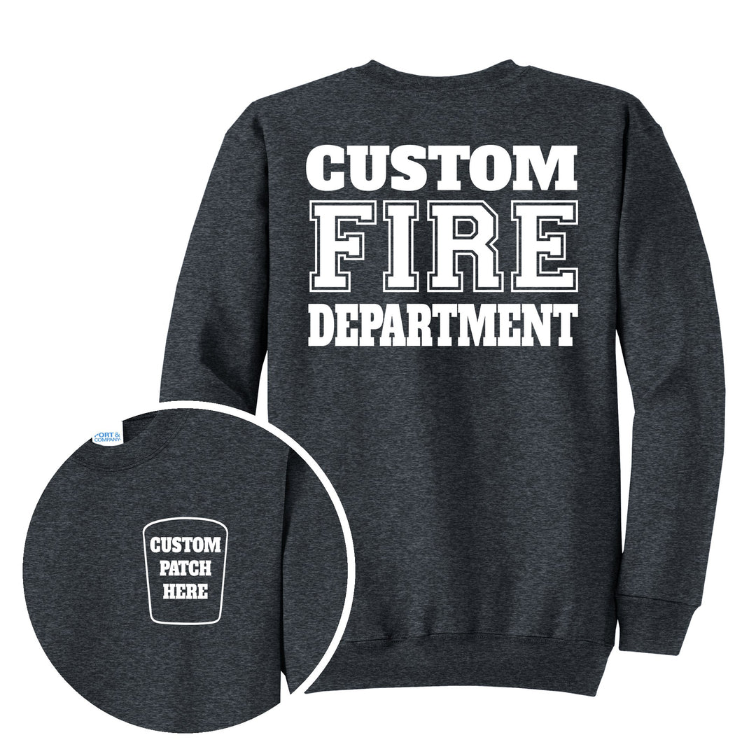 Fire department Port &amp; Company PC78 crewneck in Dark Heather Grey with a custom patch on the left chest and CUSTOM FIRE DEPARTMENT on the back