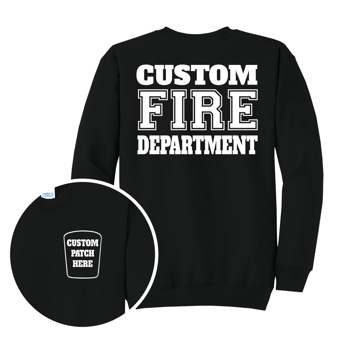 Fire department Port &amp; Company PC78 crewneck in Jet Black with a custom patch on the left chest and CUSTOM FIRE DEPARTMENT on the back