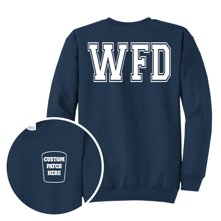 Fire department Port &amp; Company PC78 crewneck in Navy with department initials on the back and a custom patch on the left chest