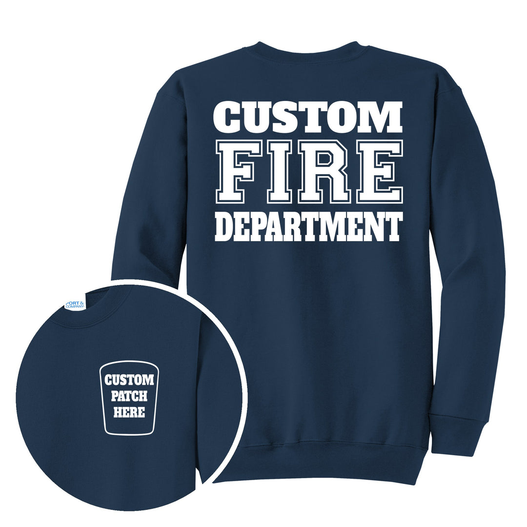 Fire department Port & Company PC78 crewneck in Navy with a custom patch on the left chest and CUSTOM FIRE DEPARTMENT on the back