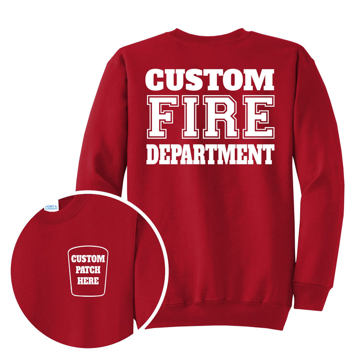Fire department Port &amp; Company PC78 crewneck in Red with a custom patch on the left chest and CUSTOM FIRE DEPARTMENT on the back