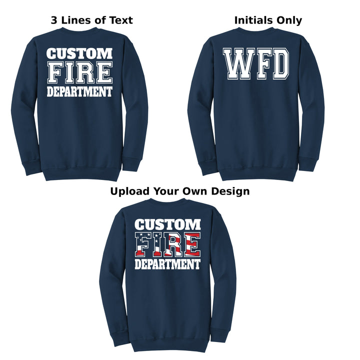 Fire department Port &amp; Company PC78 crewneck back design options: 3 lines of text, initials only, or upload your own design