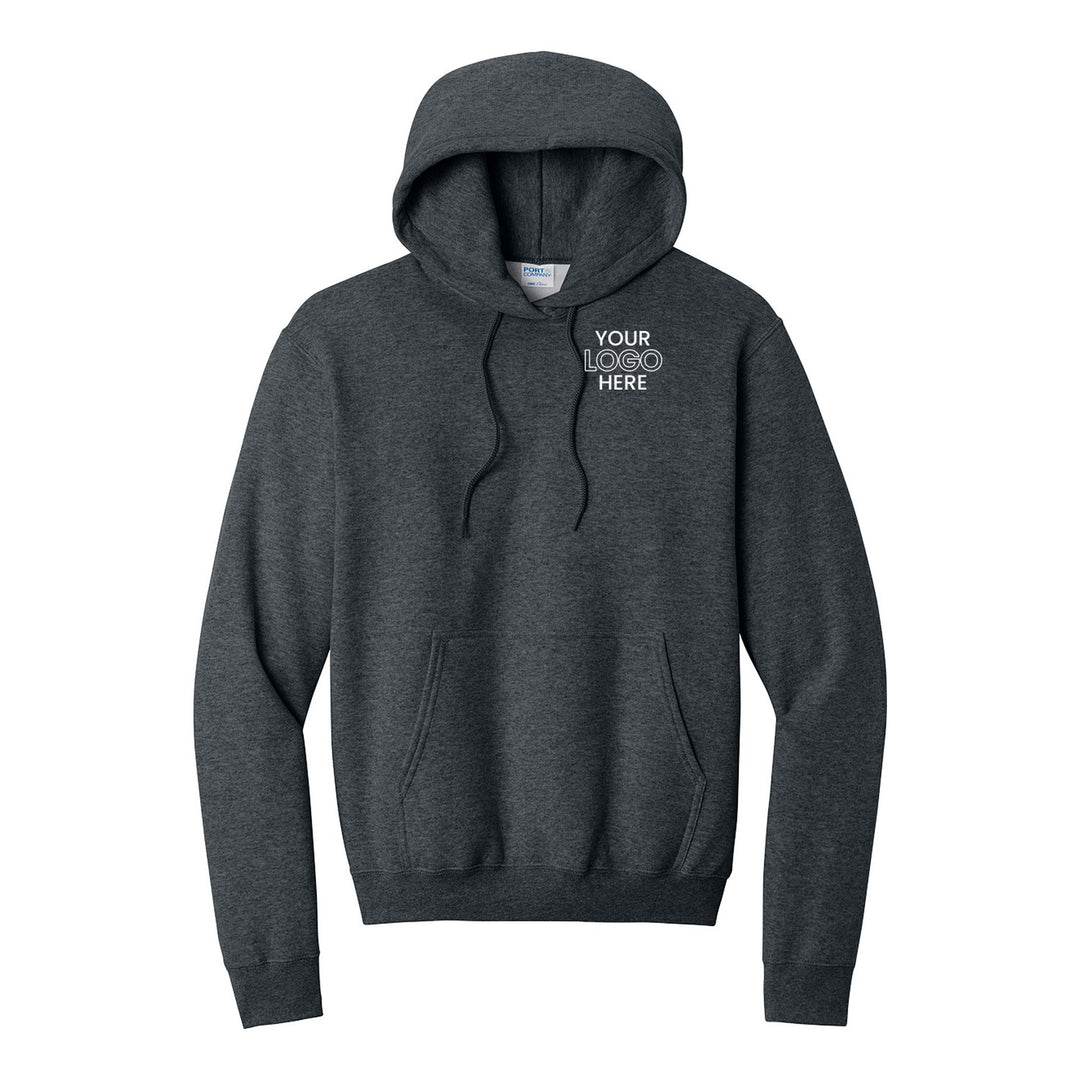 Dark Heather Grey Port &amp; Company PC78H hoodie with a sample logo on the left chest