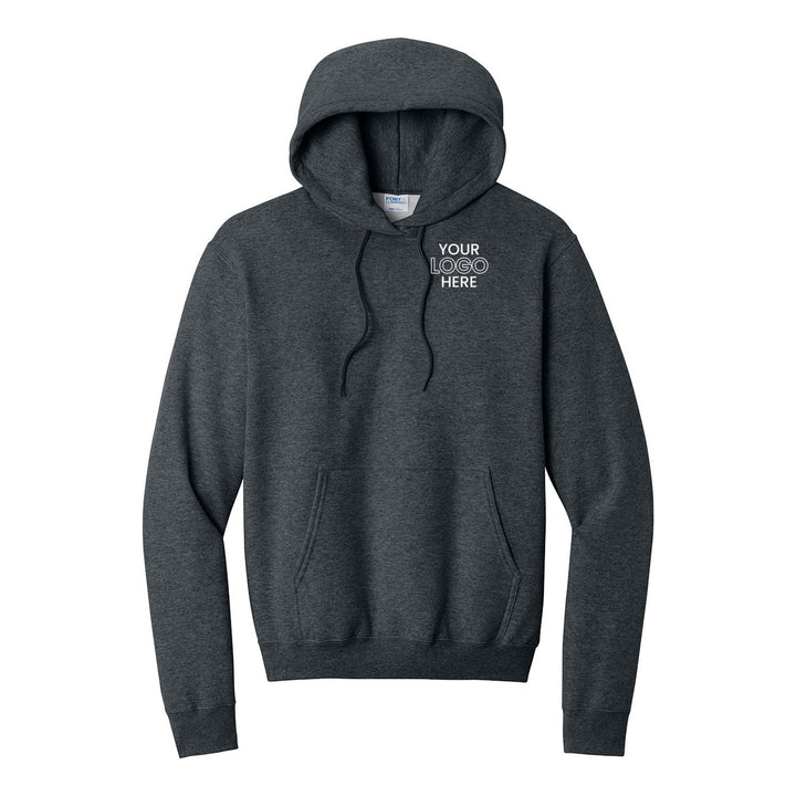 Dark Heather Grey Port &amp; Company PC78H hoodie with a sample logo on the left chest