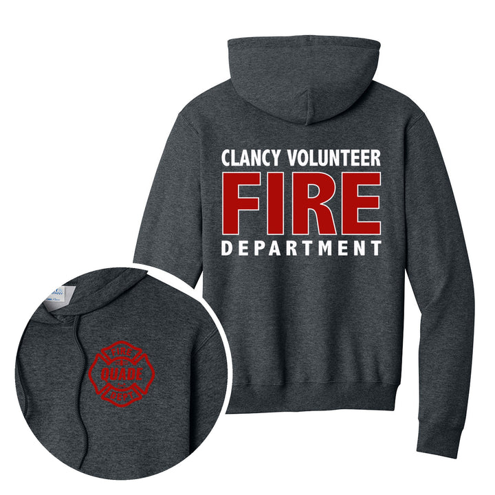 Dark Heather Grey hoodie — Personalized Local Fire Department Hoodie — back print with front chest close-up