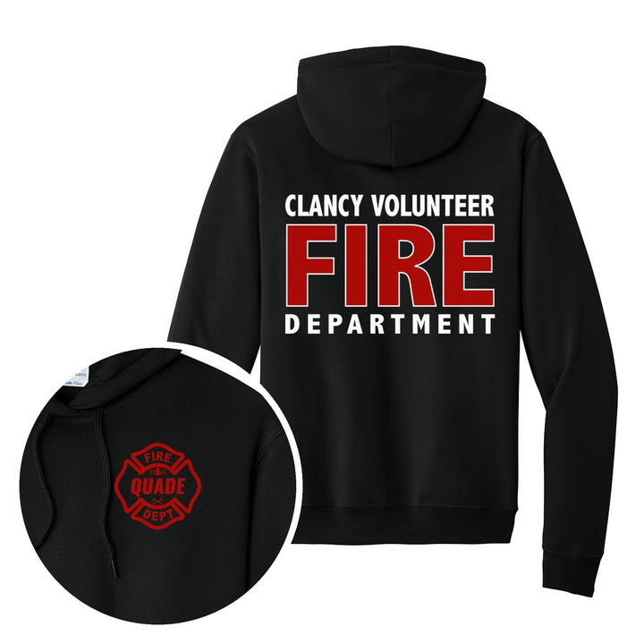 Jet Black hoodie — Personalized Local Fire Department Hoodie — back print with front chest close-up
