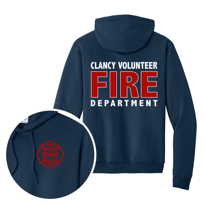 Navy hoodie — Personalized Local Fire Department Hoodie — back print with front chest close-up