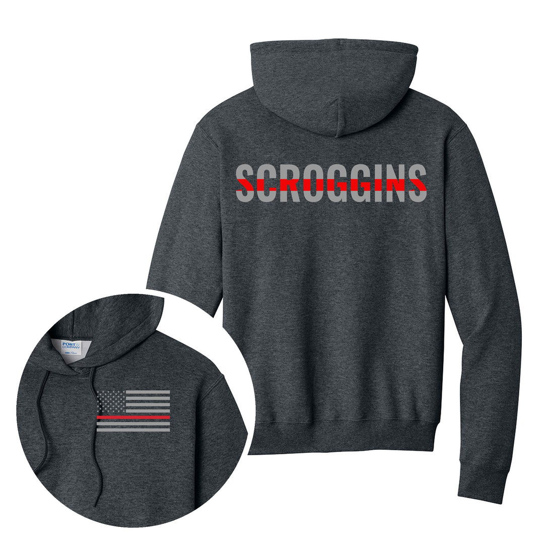 Dark Heather Grey hoodie — Personalized Thin Red Line Firefighter Hoodie — back print with front chest close-up