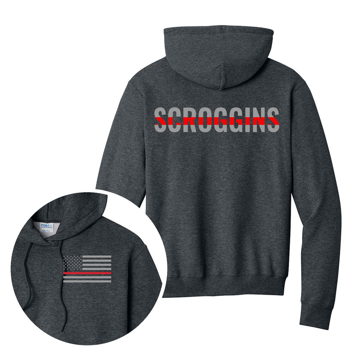 Dark Heather Grey hoodie — Personalized Thin Red Line Firefighter Hoodie — back print with front chest close-up