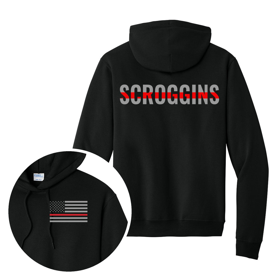 Jet Black hoodie — Personalized Thin Red Line Firefighter Hoodie — back print with front chest close-up