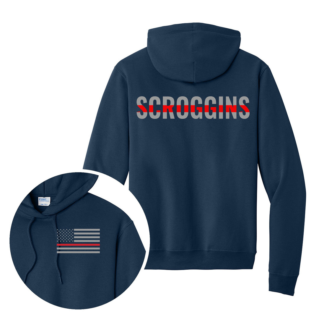 Navy hoodie — Personalized Thin Red Line Firefighter Hoodie — back print with front chest close-up