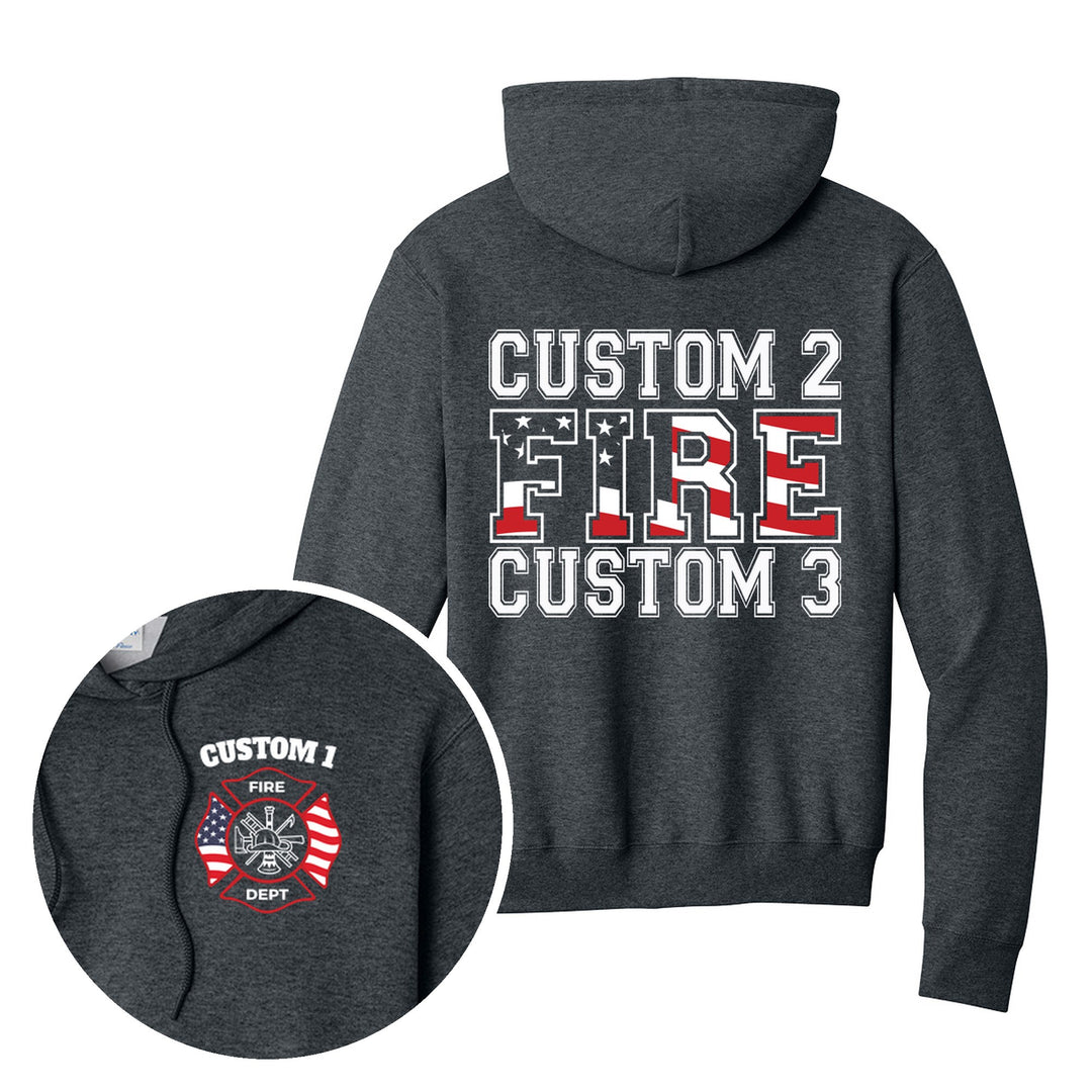 Dark Heather Grey hoodie — Maltese Cross &amp; Bold Back Print — back print with front chest close-up