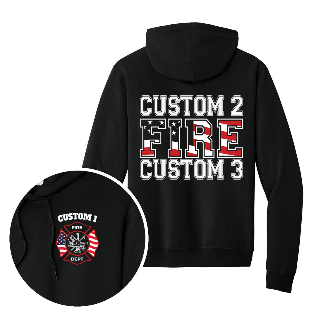 Jet Black hoodie — Maltese Cross &amp; Bold Back Print — back print with front chest close-up