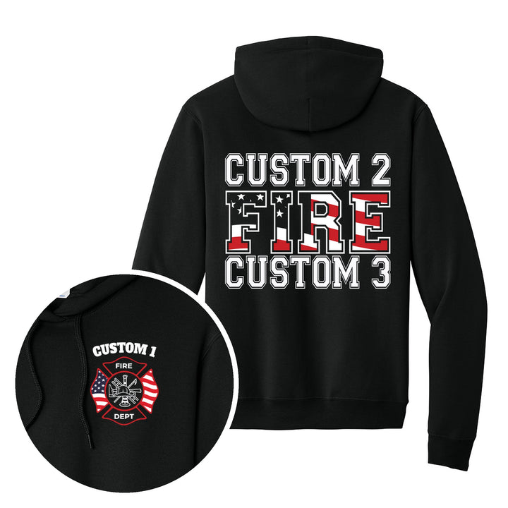 Jet Black hoodie — Maltese Cross &amp; Bold Back Print — back print with front chest close-up