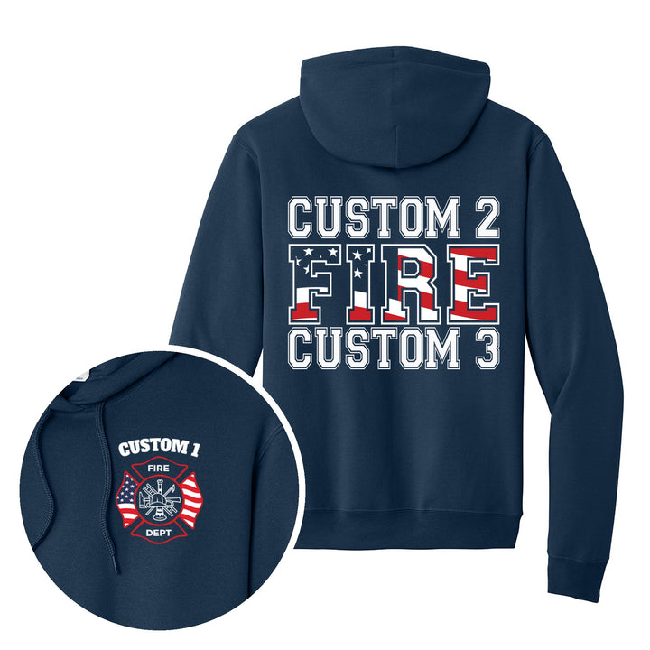 Navy hoodie — Maltese Cross &amp; Bold Back Print — back print with front chest close-up