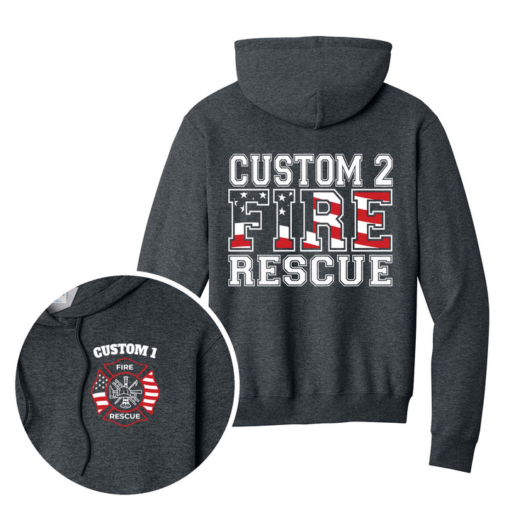 Dark Heather Grey hoodie — American Flag Maltese Cross — back print with front chest close-up