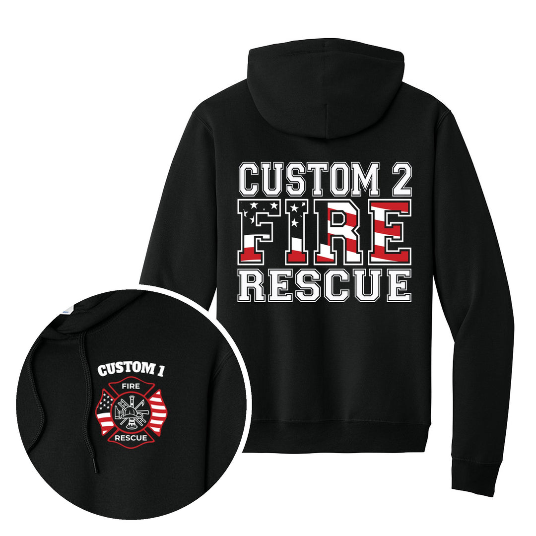 Jet Black hoodie — American Flag Maltese Cross — back print with front chest close-up
