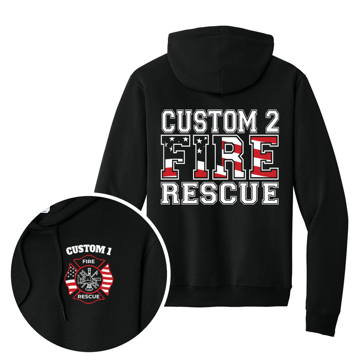 Jet Black hoodie — American Flag Maltese Cross — back print with front chest close-up
