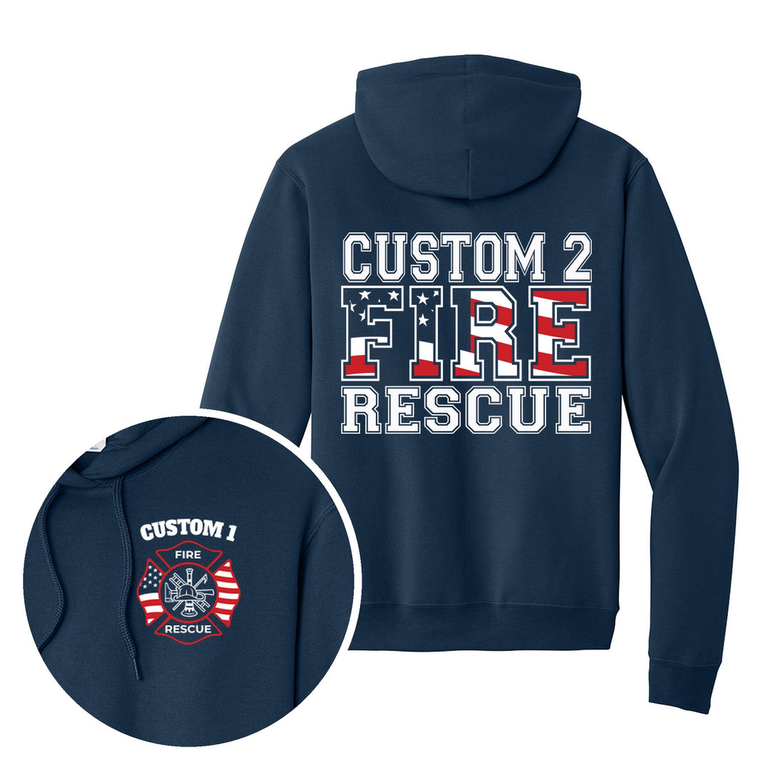 Navy hoodie — American Flag Maltese Cross — back print with front chest close-up