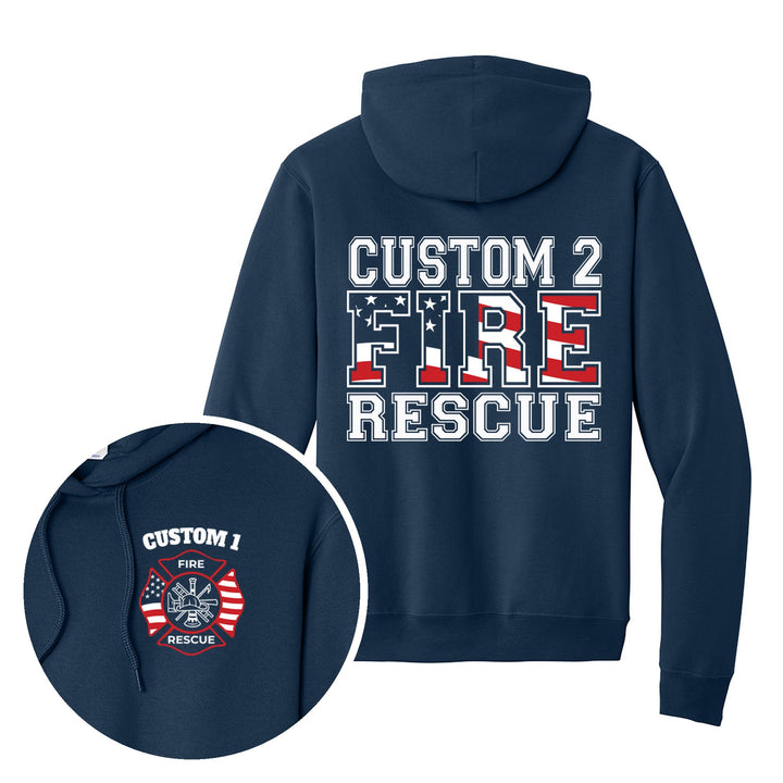 Navy hoodie — American Flag Maltese Cross — back print with front chest close-up