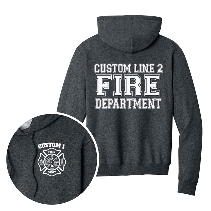 Dark Heather Grey hoodie — Classic Maltese Cross &amp; Fire Department Back — back print with front chest close-up