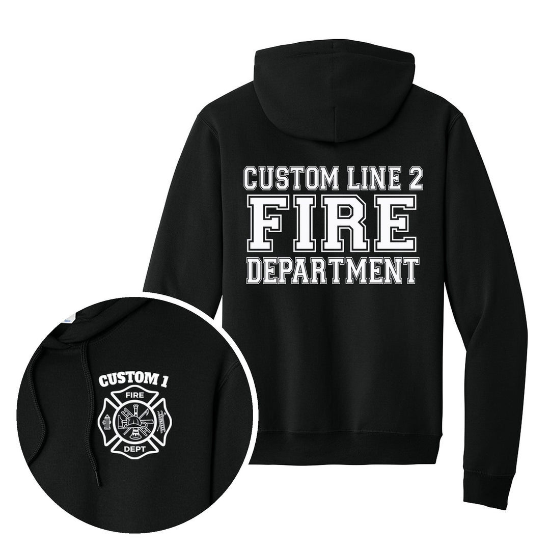 Jet Black hoodie — Classic Maltese Cross &amp; Fire Department Back — back print with front chest close-up