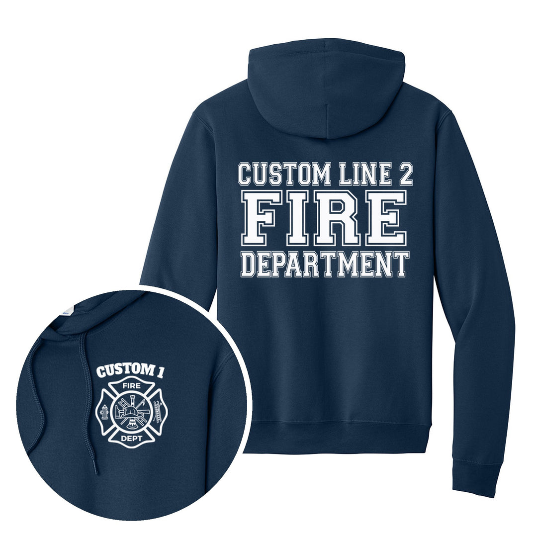 Navy hoodie — Classic Maltese Cross & Fire Department Back — back print with front chest close-up