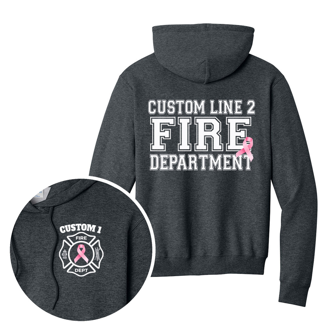 Dark Heather Grey hoodie — Pink Ribbon Maltese Cross — back print with front chest close-up