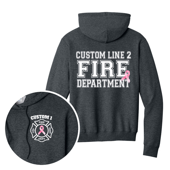 Dark Heather Grey hoodie — Pink Ribbon Maltese Cross — back print with front chest close-up