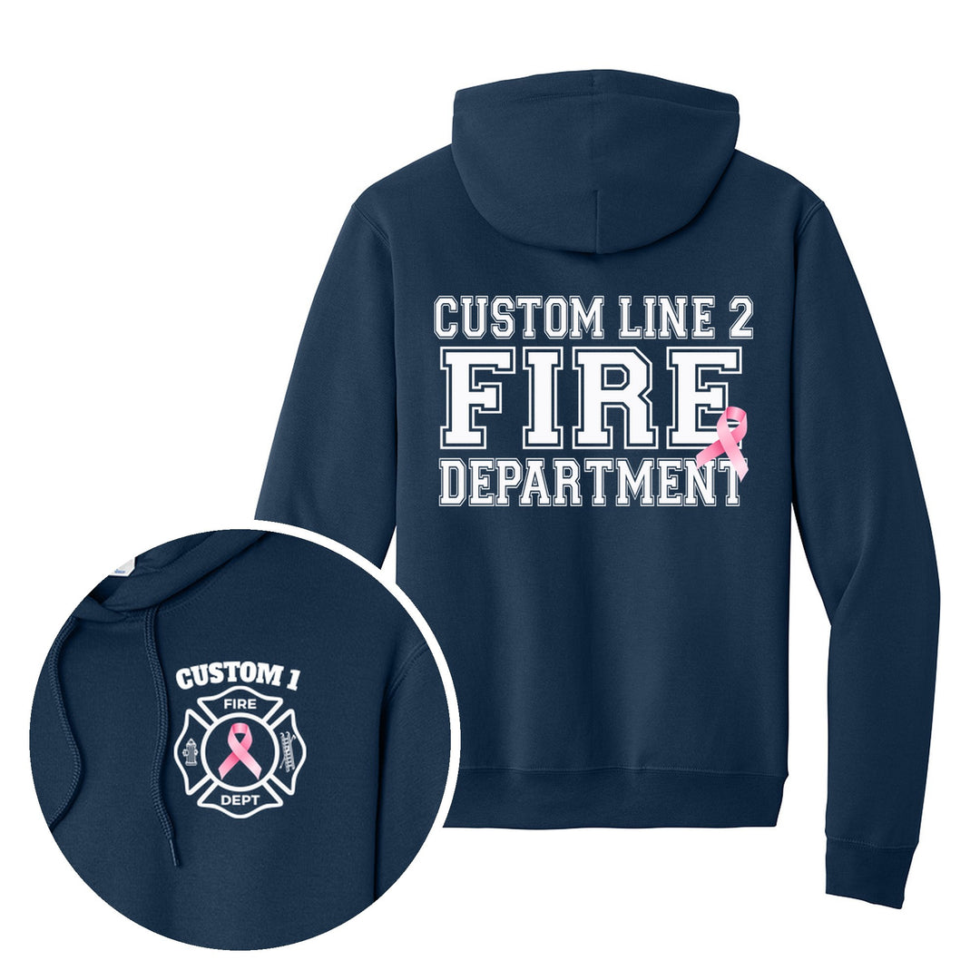 Navy hoodie — Pink Ribbon Maltese Cross — back print with front chest close-up