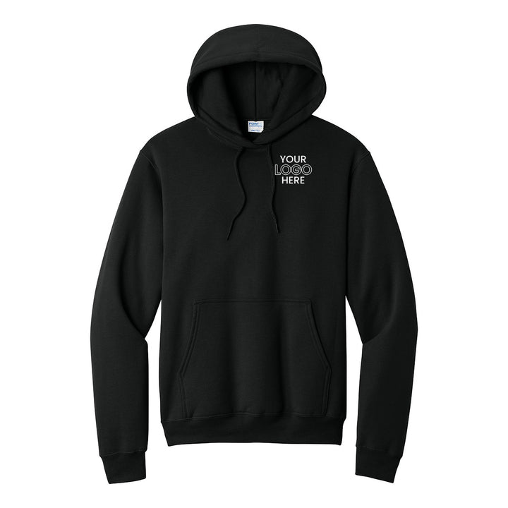 Jet Black Port &amp; Company PC78H hoodie with a sample logo on the left chest