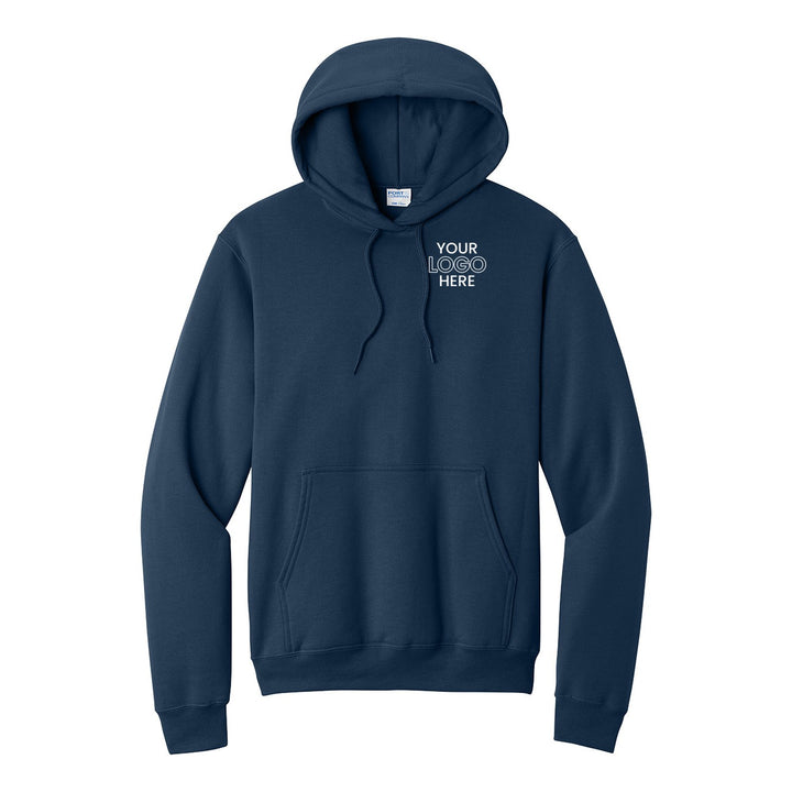 Navy Port &amp; Company PC78H hoodie with a sample logo on the left chest