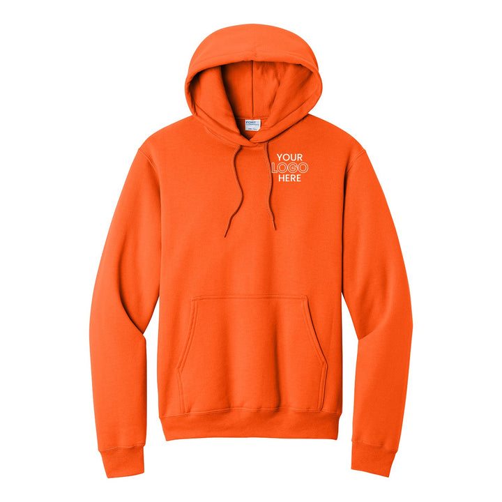 Safety Orange Port &amp; Company PC78H hoodie with a sample logo on the left chest