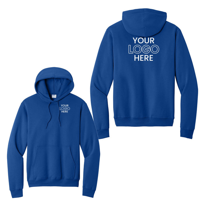 Port &amp; Company PC78H hoodie with a sample company logo on the left chest and full back, shown front and back