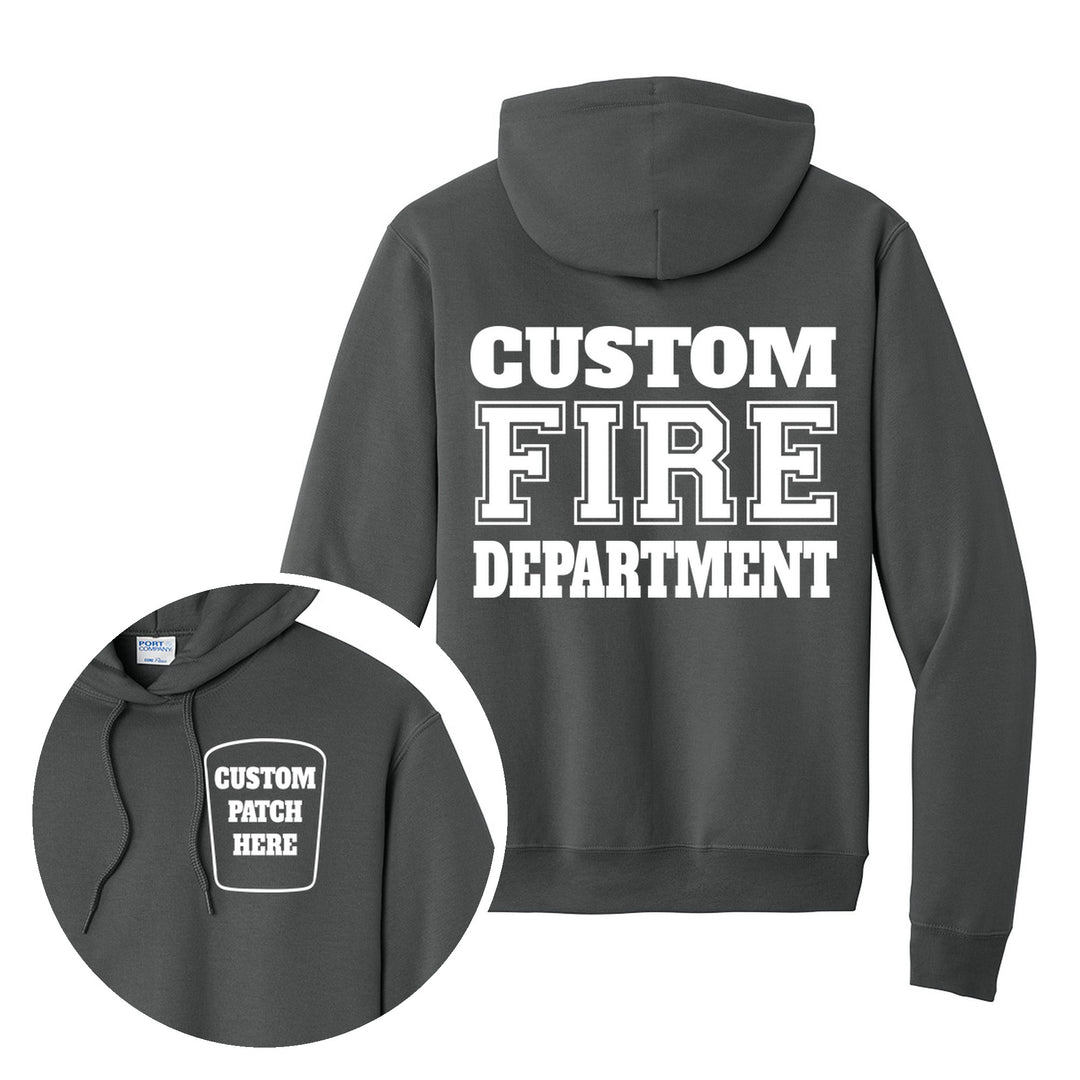 Fire department Port &amp; Company PC78H hoodie in Charcoal with a custom patch on the left chest and CUSTOM FIRE DEPARTMENT on the back