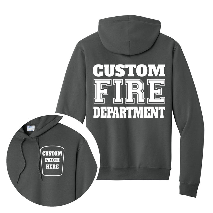 Fire department Port &amp; Company PC78H hoodie in Charcoal with a custom patch on the left chest and CUSTOM FIRE DEPARTMENT on the back