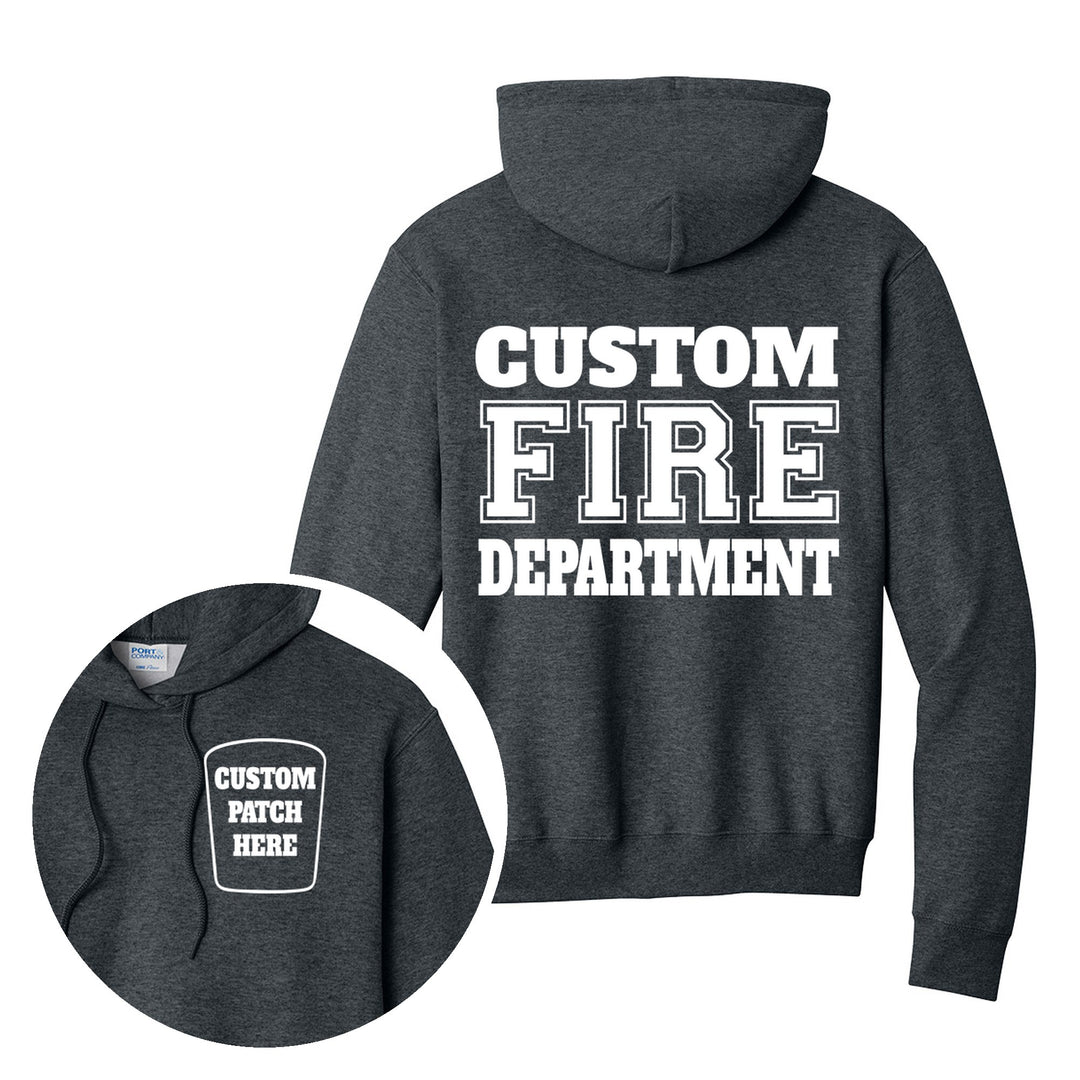 Fire department Port &amp; Company PC78H hoodie in Dark Heather Grey with a custom patch on the left chest and CUSTOM FIRE DEPARTMENT on the back